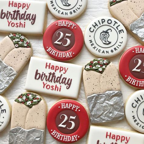 HopeCakes on Instagram: “Chipotle themed cookies for Yoshi’s 25th birthday! 🌯 . . . #hopecakes #cookies #customcookie #customsugarcookies #chipotle #chipotlecookies…” Chipotle Birthday Party, Chipotle Themed Party, 25th Birthday Cookies Decorated, 25 Birthday Cookies Decorated, 25th Birthday Cookies, 21st Birthday Cookies Pink, Custom Birthday Cookies Women, Sweet 16 Party Themes, Cookies Theme