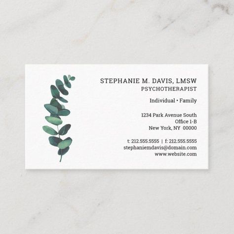 Modern Psychotherapist Eucalyptus Business Card Psychotherapist Business Card, Psychology Business Card, Pink Business Card, Elegant Business Cards, Business Card Size, Disney Gifts, Star Wars Gifts, Zazzle Invitations, Business Card Design