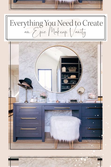 Women’s Vanity In Bedroom, Vanity Desk In Bathroom, Contemporary Makeup Vanity, Master Bedrooms With Vanity, Make Vanity Ideas, Womens Makeup Vanity, Bathroom Built In Makeup Vanity, Vanity With Tv Above, Womens Vanity Ideas