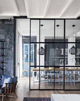 Mur verrière Kitchen Living Room Divider, Kitchen Canopy, Glass Partition Wall, Sliding Room Dividers, Side Extension, Living Room Divider, Glazed Doors, Room Divider Walls, Modern Home Interior Design