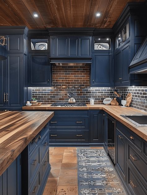 Rustic Blue Kitchen: Mixing Brown and Modern Elements Blue Kitchen Wood Countertop, Blue Island Brown Cabinets, Navy Blue Cabinets With Butcher Block, Kitchen Flooring Ideas With Dark Blue Cabinets, Navy Rustic Kitchen, Colonial Style Kitchen Cabinets, Blue Craftsman Kitchen, Rustic Kitchen Blue Cabinets, Blue Slate Kitchen Cabinets