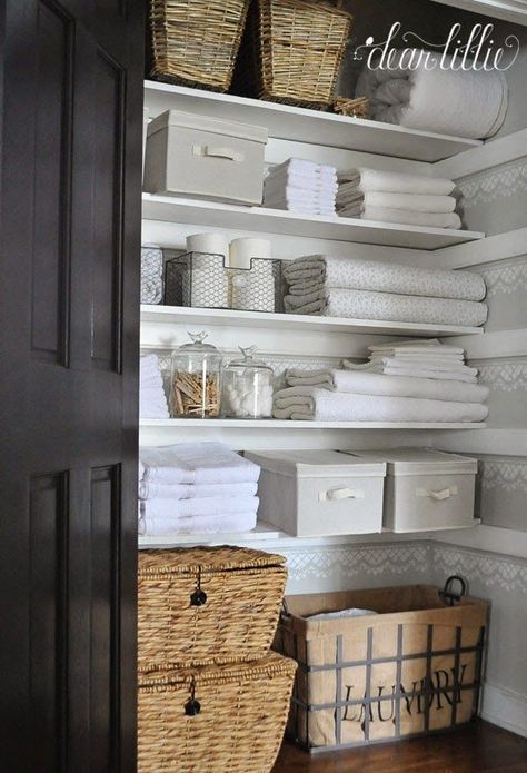 How to Add Storage in a Linen Closet Where To Store Mop Bucket, Kon Mari, Linen Closet Makeover, Ideas Armario, Airbnb Apartment, House Finishes, Organiser Son Dressing, Garderobe Design, Linen Closet Storage