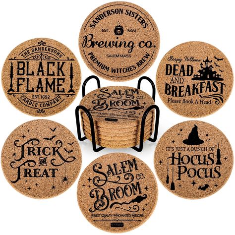 PRICES MAY VARY. WHAT YOU Will GET: 6 different packs farmhouse theme cork coasters with holder are included in the package, sufficient to meet your party and home needs, you can also share them with your family, friends or lovers. UNIQUE DESIGN: Our drink cork coasters are designed with farmhouse style, with 6 different designs, including the perfect combination of Halloween words and patterns, which will enhance holiday atmosphere for your home. PREMIUM MATERIAL: Our coasters are made of quali Friends Or Lovers, Amazon Halloween, Farmhouse Coasters, Farmhouse Theme, Coasters With Holder, Castle Decor, Halloween Words, Cork Material, Bar Coasters