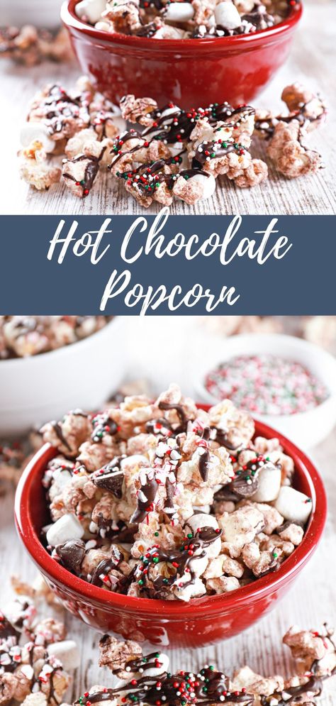 Small red bowl full of hot chocolate popcorn with another red bowl and a white bowl full of popcorn in the background. Hot Chocolate Popcorn, Pioneer Woman Christmas White Chocolate Peppermint Popcorn, Hot Chocolate Pops, Popcorn With White Chocolate, Chocolate Popcorn Recipe, Popcorn Recipes Chocolate, Peppermint Popcorn, Easy Hot Chocolate, Marshmallow Popcorn