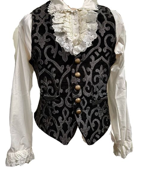 2 pcs Steampunk Victorian Gothic Period Costume  Pirate Shirt and regal Waistcoat Vest Vampire Mens Renaissance  42 "chest  1. This is a vintage design tapestry  waistcoat Vest. Fully lined and well presented Fits upto a 42 chest fitted  2. Off white cotton Pirate Gothic Shirt with Ruffled front and cuff. oversized. Thanks for looking Steampunk Shirts For Men, Vampire Aesthetic Men Clothes, Vampire Fits Men, Victorian Gothic Men, Victorian Mens Fashion Gothic, Masculine Vampire Outfit, 1800s Gothic Fashion, Vampiric Clothing, Victorian Era Mens Fashion