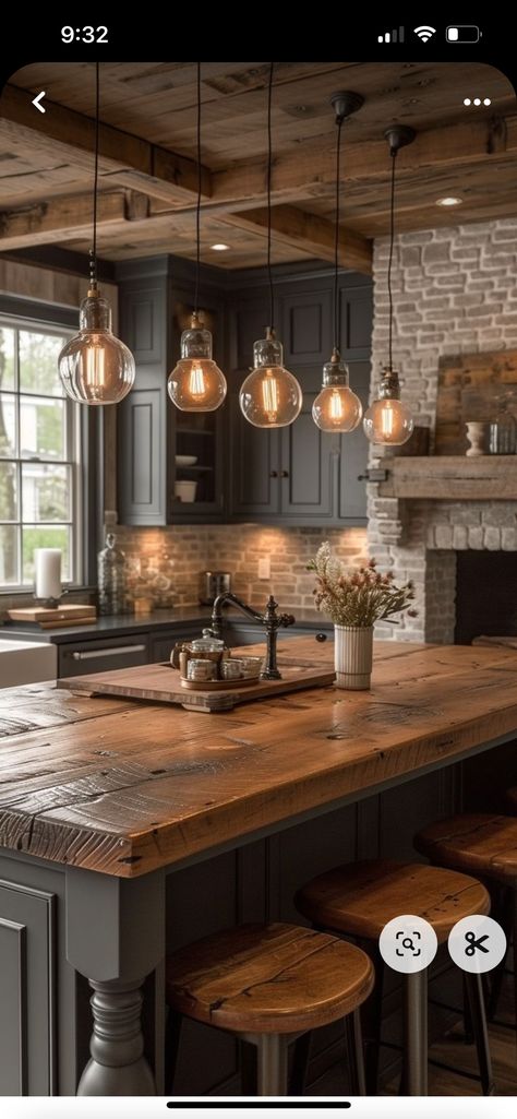 Black And Gold Rustic Kitchen, Southern Farmhouse Interior Design, Brick Kitchen Dark Cabinets, Cabin Interior Ideas Small, Small Tudor Kitchen, Wood Stone Metal Interior Design, Stained Cabinets Painted Island, Black Stained Kitchen Island, Moody Cottage Decor