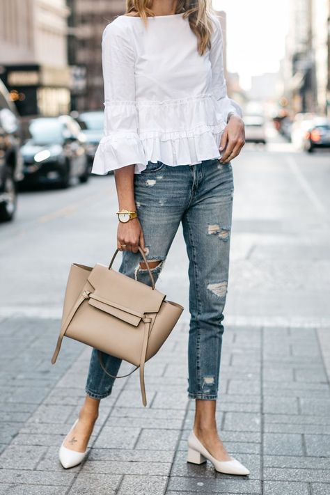 Fashion Jackson, Club Monaco White Ruffle Top, Denim Ripped Relaxed Jeans, White Block Heel Pumps, Celine Belt Bag Jeans And White Shirt, Celine Belt, Outfit Designer, Celine Fashion, White Block Heels, Haine Diy, Street Style Bags, Mode Tips, Fashion Jackson