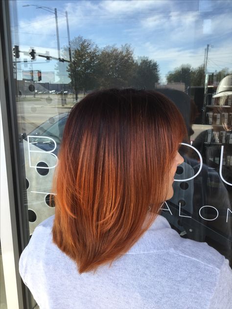 Deep red roots melted into bright copper ends. Red and copper fall color melt hair color Root Melt Brunette To Auburn, Root Melt Brunette To Copper, Root Smudge Brunette To Red, Copper Hair Root Smudge, Short Copper Hair With Dark Roots, Copper Root Melt, Fall Color Melt, Melt Hair Color, Copper Hair With Shadow Root