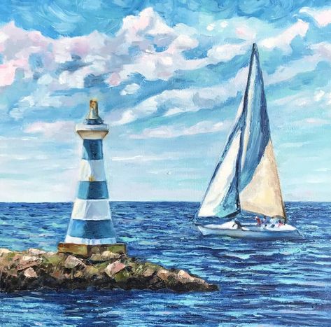 Sailing and Lighthouse Painting by Irina Reznichenko | Saatchi Art Sailboat Art Painting, Sail Boat Paintings On Canvas, Sailboat Painting Acrylic Easy, Light House Paintings Easy, Sailboat Painting Acrylic, Lighthouse Artwork, Multi Canvas Painting, Painting Lighthouse, Screen Pictures