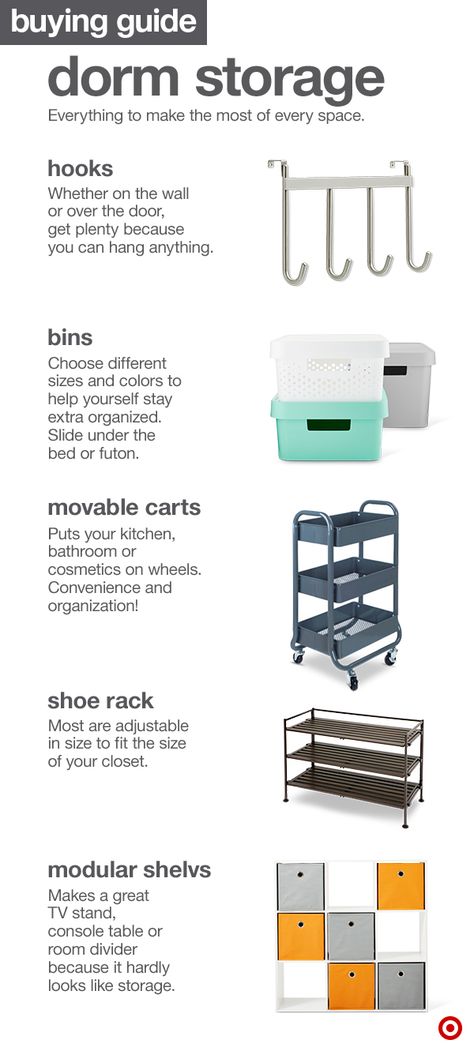 College dorm room storage options are designed to take up the least possible space. Here’s a go-to list of ideas to help you maximize your space—hooks, bins, movable carts, shoe racks and, of course, modular shelves. Store away! College Dorm Storage, College Storage, Dorm Room Organization Diy, Dorm Hacks, 1000 Lifehacks, Student Dorm, Hacks Ikea, Dorm Sweet Dorm, Dorm Storage