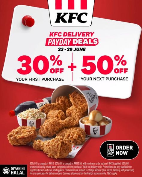 Kfc Poster Design, Poster Promotion Design Ideas, Promotional Graphic Design, Payday Design, Payday Sale Design, Discount Design Poster, Food Advertisement Poster, 50% Off, Promotion Ads Design