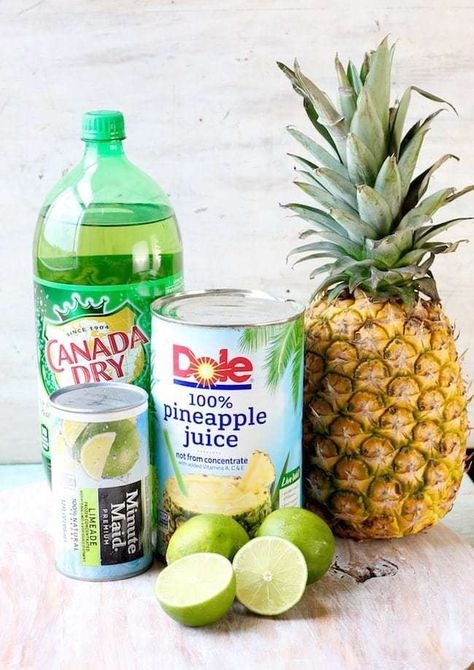 Ingredients for Pineapple Limeade Slush - Ginger Ale, Limeade Concentrate, Pineapple Juice with Fresh Pineapple and limes Limeade Punch Recipes, Limeade Punch Nonalcoholic, Lime Punch Recipe, Pineapple Limeade, Limeade Punch, Ginger Ale Punch, Pineapple Juice Benefits, Ginger Ale Drinks, Limeade Drinks