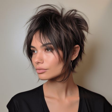 Trendy Short Length Haircuts 2023, Womens Long Pixie Haircut, Shag Bixie With Bangs, Womens Short Shag Haircut, Razor Haircuts For Women Short, Short Pixie Shag Haircut, Choppy Hairstyles For Fine Hair, Razor Cuts For Women, Short Razor Cuts For Women