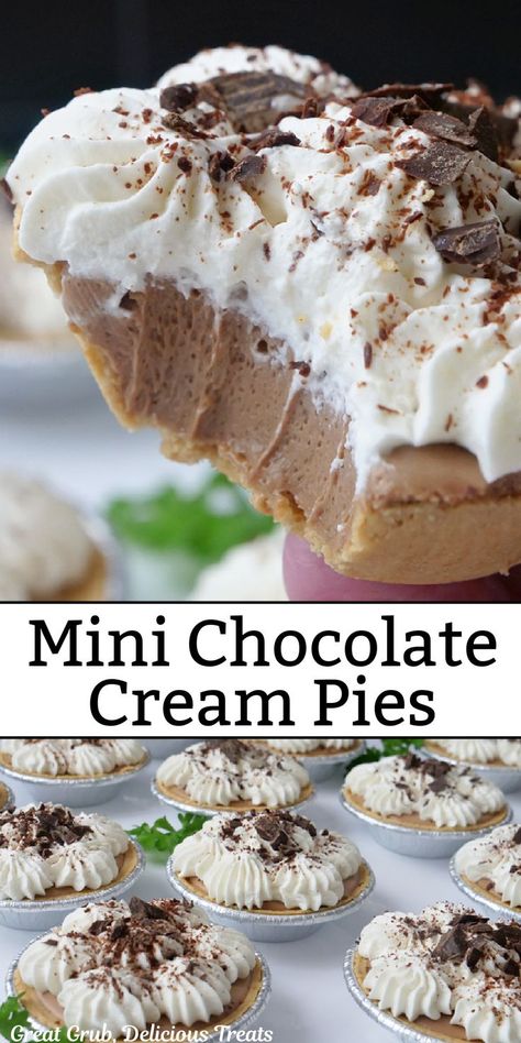 A double photo collage of mini chocolate cream pies with a bite taken out of one. Chocolate Mini Pies Easy, Peanut Butter Mini Pies, Thanksgiving Desserts Mini Pies, Mini Chocolate Pudding Pies Easy, Mini Cookie Pies, Desserts Made With Pie Crust, Mini Chocolate Pies In Muffin Tin, Mini Pie Filling Recipes, Mini Pie Tin Recipes