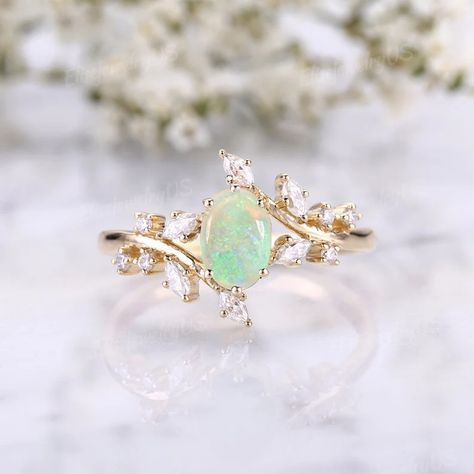 Vintage Oval Cut Opal Engagement Ring Art Deco Branch Vine | Etsy Promise Ring Opal, Pearl Wedding Bands, Moonstone Engagement Ring Set, Rose Gold Leaf, Vine Ring, Engagement Ring Art Deco, Cute Engagement Rings, Opal Engagement Ring, Future Engagement Rings