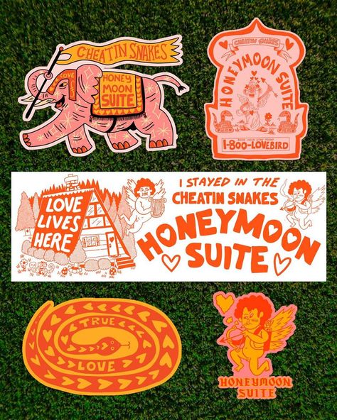 Cheatin Snakes, Aesthetic Honeymoon, Snake Graphic, Snake Illustration, Graphic Design Portfolio Inspiration, Honeymoon Suite, Love Moon, 2024 Design, Sticker Bomb