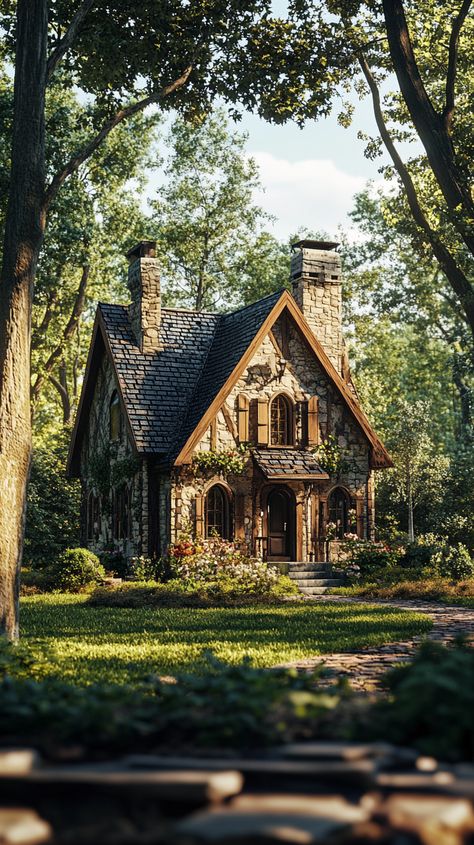 A beautiful house nestled in enchanting woodland Build Small House, Hobit Houses Aesthetic, Woodland Cottage Aesthetic, Forest Cottage House, Houses In Forest, Cottage Core House Exterior, Fairy Cottage House, Fairytale Houses, Mountain Dream Homes