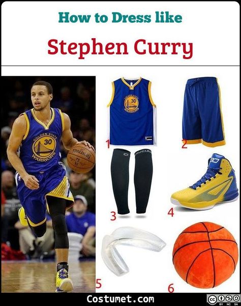 Stephen Curry costume consists of blue jersey and shorts with yellow lining, basketball shoes, compression leg guard, and mouth guard.           #Male #male #tall #NBA #athletic #basketball Steph Curry Costume, Curry Jersey Outfit, Stephen Curry Fashion, Basketball Outfits Men, Basketball Player Costume, Stephen Curry Outfit, Jersey Outfit Ideas, Golden State Warriors Outfit, Curry Jersey