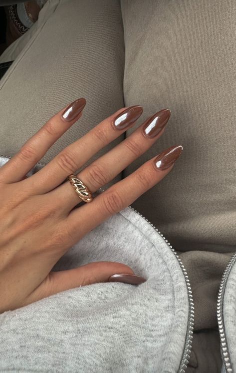 Mocha Nails With Chrome, Brown Nail With Chrome, Autumnal Chrome Nails, Cool Girl Fall Nails, Hailey Beiber Nails Brown, Fall Chrome Nails Almond, Fall Brown Chrome Nails, Brown With Crome Nails, Brown Nails With Pearl Chrome