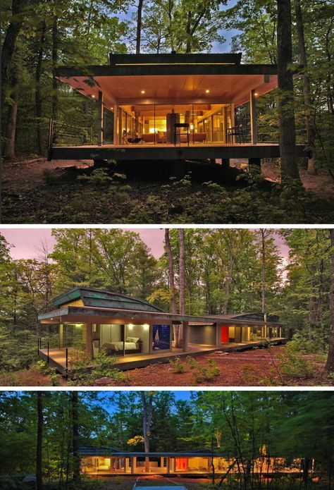 18 Modern House In The Forest // Rather than cut down the trees to make room for the house, the trees in this forest became part of the house design. A House In The Woods, Contemporary Cabin, Modern Houses, Modern Cabin, Eco House, Forest House, Glass House, Design Case, In The Forest