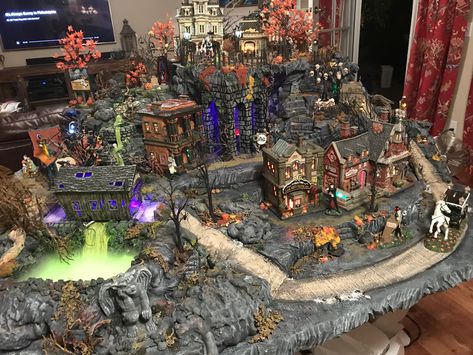 2017 Halloween Village Display by Christi Spookytown Display Ideas, Halloween Miniature Village, Spooky Village Display, Lemax Spooky Town Display Ideas, Halloween Town Display, Halloween Village Ideas, Mini Halloween Village, Halloween Village Display Ideas, Spooky Town Village Display