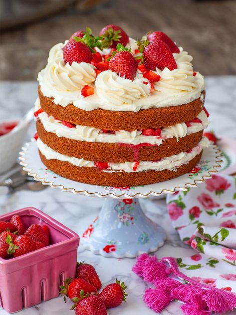 Easy Strawberry Shortcake Cake Recipe (video) - Tatyanas Everyday Food Strawbetty Shortcake Cake, How To Make A Strawberry Shortcake, Food To Make When You Have No Food, Strawberry Shortcake Cake Birthday, Best Strawberry Shortcake Recipe, Shortcake Cake Recipe, Woodland Picnic, Strawberry Shortcake Birthday Cake, Strawberry Shortcake Recipe Easy