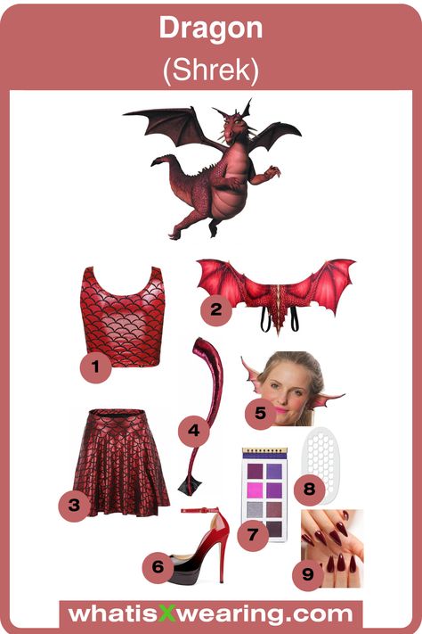 Click the link for our step-by-step Dragon costume guide from Shrek. This is a fun and easy DIY costume to make and is the perfect last-minute Halloween outfit idea. Plus, discover how to make the cutest Donkey and Dragon couple's costume, sexy Lord Farquaad, female Shrek, and many more. Donkey And Dragon Shrek Costume, Red Dragon Costume Women, Diy Shrek Dragon Costume, Women Dragon Costume, Donkey And Dragon Couple Costume, Shrek Dragon Costume Women, Shrek Party Costume Ideas, Diy Shrek Character Costumes, Shrek Donkey And Dragon