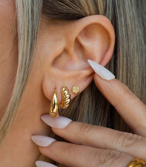 Gold Dome Hoops 18K Gold Electroplated Size: approx. 0.5 inch Gold Earrings Fashion, Earrings For Triple Piercing, Earrings Aesthetic Three Holes, Earrings Aesthetic Hoop, Gold Earring Stack Aesthetic, Simple Gold Ear Stack, Cute Gold Earring Stacks, 2 Ear Piercings Ideas Simple Gold, Gold Jewelry For Hoco