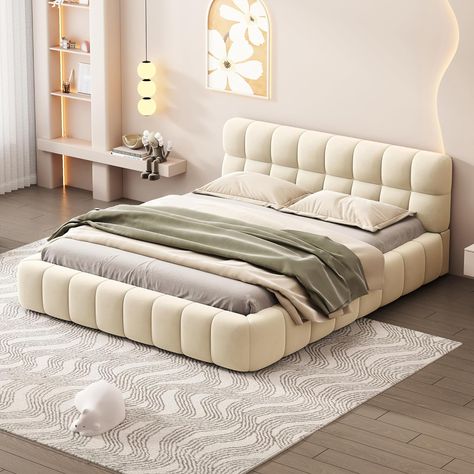 DEINPPA Queen Size Upholstered Platform Bed with Cloud Soft Headboard, Grounded Upholstered Wood Base Bed Frame, Italian Style Modern Beds-Beige Low Platform Bed, Bed Platform, Queen Size Platform Bed, Queen Upholstered Bed, Beige Bed, Queen Size Bed Frames, Floor Bed, Upholstered Bed Frame, Decoration Inspiration