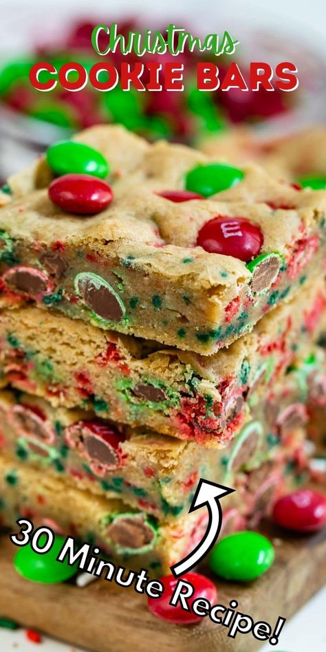 Christmas Cookie Bars are a family favorite! This easy blondie recipe is full of holiday M&Ms and sprinkles perfect for Christmas. They are soft and so delicious - add these to all your holiday baking plans! Christmas Blondies Recipe, Holiday Easy Desserts, Cute Christmas Treats For Kids, M M Christmas Cookies Recipe, Holiday Bars Recipes, Easy Cookie Recipes Christmas, Easy Christmas Bakes, Christmas Crackcrack, Christmas Candies Recipes