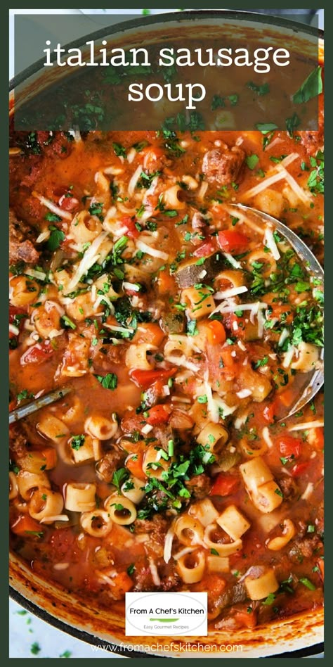 Here is everything you love about Italian cuisine in a hearty, soul-satisfying soup! This Italian Sausage Soup recipe is loaded with vegetables and pasta in a wine-infused tomatoey broth. Italian Hot Sausage Recipes Dinners, Sausage And Tomato Soup, Soup Recipes Using Italian Sausage, Soup Made With Italian Sausage, Crock Pot Italian Sausage Soup, Crock Pot Soup With Sausage, Hearty Italian Sausage Soup, Soups With Italian Sausage Easy Recipes, Leftover Italian Sausage