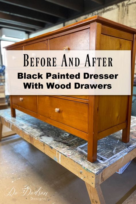 Dresser Flip Black And Wood, Wood Dresser With Black Drawers, Redo A Dresser Ideas, Black And Wood Dressers, Dresser Makeover Black And Wood, Black And Wood Dresser Makeover, Black Dressers Bedroom, Black Dresser Ideas, Diy Nursery Dresser