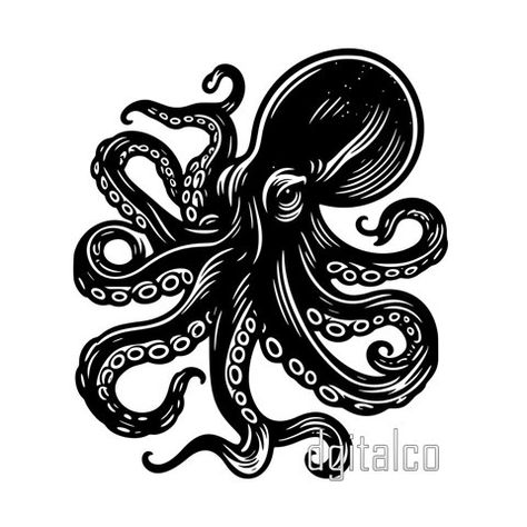 Octopus T Shirt Design, Old School Kraken Tattoo, Old School Tattoo Octopus, Octopus Flash Tattoo, Black Bold Tattoos, Trad Octopus Tattoo, Traditional Tattoos Nautical, Octopus Illustration Graphic Design, American Traditional Octopus Tattoo