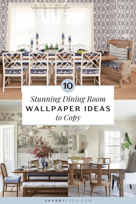 10 Stunning Dining Room Wallpaper Ideas to Copy Traditional Dining Room With Wallpaper, Dining Room Decor With Wallpaper, Elegant Dining Room Wallpaper, Mural In Dining Room, Bold Wallpaper Dining Room, Half Wallpaper Half Paint Dining Room, Transitional Dining Room Wallpaper, Dining Room Design With Wallpaper, Dining Room Design Wallpaper