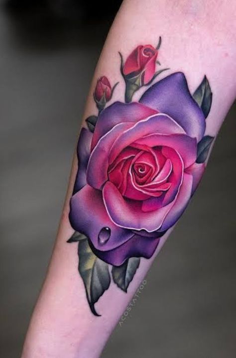 Coloured Rose Tattoo, Colorful Rose Tattoos, Purple Rose Tattoos, Rose Tattoo Meaning, Realistic Rose Tattoo, Pink Rose Tattoos, 16 Tattoo, Tattoos Infinity, Rose Tattoos For Women