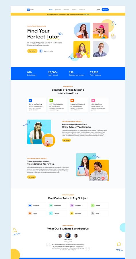 Online Tutor Website Design, Website Landing Page Inspiration, One Page Landing Page Design, Tutoring Website Design, Colorful Landing Page, Tutor Website Design, Website Design Homepage, Landing Page Website Design, Website Page Layout