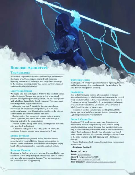 Shock your foes and blast the battlefield with the dazzling Thunderbolt Rogue! [WCX 2.0] - Imgur Dnd Rogue Subclasses Homebrew, Rogue Homebrew, Roguish Archetype, Rogue Archetypes, Dnd Rogue, 5e Monsters, Homebrew Classes, D D Races, Dnd Homebrew