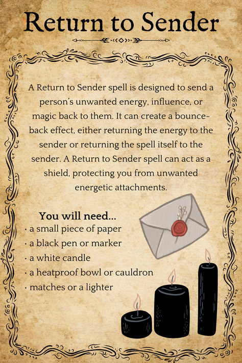 Send that energy back where it came from with a simple Return to Sender Spell!   #witchcraft #magic #returntosender #paganism #grimoire #printable #bookofshadowspage #bookofshadows Send Back Negative Energy Spell, Send Energy Back Spell, Come Back Spell Jar, Spells To Release Someone, Take My Power Back Spell, Send Curse Back To Sender, Break Spells Witchcraft, Spells To Expose Someone, Spell To Send Back Negativity