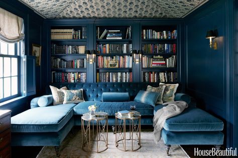 Walls are Farrow & Ball Hague Blue, and the ceiling is tented with a Michael S. Smith Indian block fabric, Jasper. Blue Library, Blue Couches, Home Library Design, Home Libraries, Blue Rooms, Cool Ideas, A Living Room, Home Library, Apartment Interior