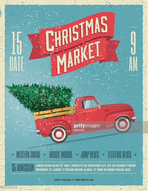 stock illustration : Vintage Styled Christmas Market Poster or Flyer Template with retro red pickup truck with christmas tree on board. Vector illustration. Christmas Bazar Poster, Christmas Market Poster, Christmas Poster Design, Truck With Christmas Tree, Red Pickup Truck, Freelance Design, Christmas Graphic Design, Christmas Date, Japan Illustration