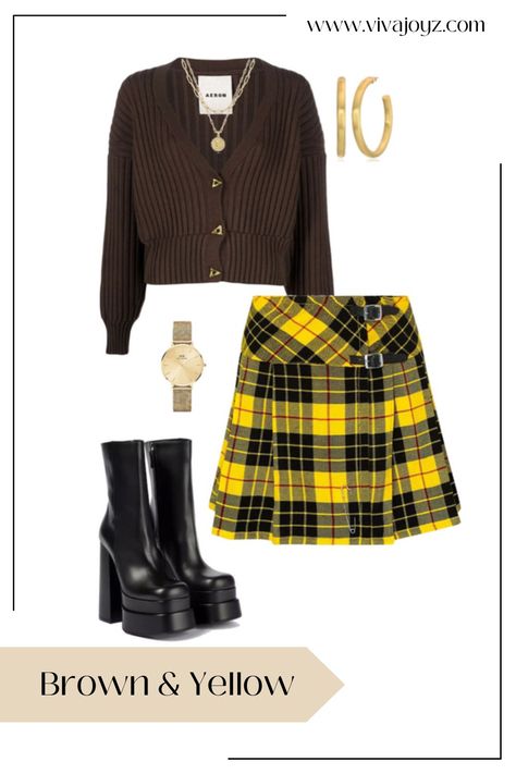 Chic & cute y2k aesthetic outfit with yellow plaid school skirt with brown cardigan. Get The Look! Tags: #y2k #y2kaesthetic #2000s #aestheticoutfit #getthelook #plaidskirts #oliviarodrigo #blackboots #browncardigan #teenoutfits #schooloutfits Yellow Plaid Skirt Outfit, Plaid School Skirt, Yellow Skirt Outfit, Outfit With Yellow, Yellow Skirt Outfits, Cute Y2k Aesthetic, Yellow Plaid Skirt, Skirt Outfits Aesthetic, Plaid Skirt Outfit