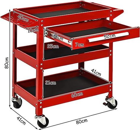 【Enough Storage Space】The cart has three main layers of storage, and the size of each layer is 80×40CM , so you don't have to worry about having nowhere to put your tools. This design allows you to place your tools in an orderly manner on your cart for easy access. 【Sturdy & Stable Construction】Built by heavy duty steel, our tool cart is so durable to weigh up to 150 kg.The bright surface is completed with powder coated finish for superior resistance to rust and corrosion and easy to clean. 【Sma Toolbox Organizer, Tool Carts, Garage Hacks, Tool Trolley, Garage Warehouse, Portable Garage, Organization Cart, Tool Box Organization, Welding Cart