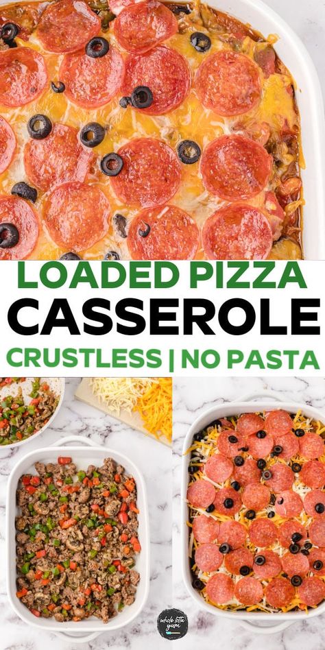 Crustless Pizza Casserole (Without Pasta) Easy Low Carb Pizza, Pizza Casserole Keto, Low Carb Pizza Casserole, Whole Lotta Yum, Pizza Casserole Recipe, Crustless Pizza, Low Carb Veggies, Keto Casserole, Pizza Casserole