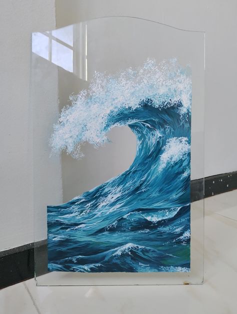 A detailed painting of a wave with acrylics with a hint of realism on glass Oil Wave Painting, Drawings On Glass Ideas, Glass Painting Using Acrylic Paint, Beach Waves Acrylic Painting, Glass Wave Art, Ocean Wave Acrylic Painting, Ocean Wave Watercolor, Beach Wave Painting Acrylic, Acrylic On Glass Art