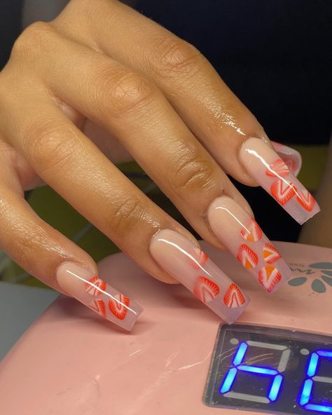 Milky Strawberry Nails, Ombré Square Nails, Strawberry Nails, Long Acrylic Nails Coffin, Long Acrylic, Acrylic Nails Coffin, Nails Coffin, Square Nails, Long Acrylic Nails