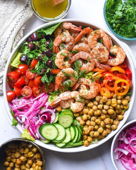 Mediterranean Shrimp Salad - Nourish Deliciously Mediterranean Shrimp Bowl, Mediterranean Salad Dressing, Mediterranean Shrimp, Toasted Chickpeas, Mediterranean Cooking, Greek Vinaigrette, Shrimp Salad Recipes, Creamy Salad Dressing, Juicy Shrimp