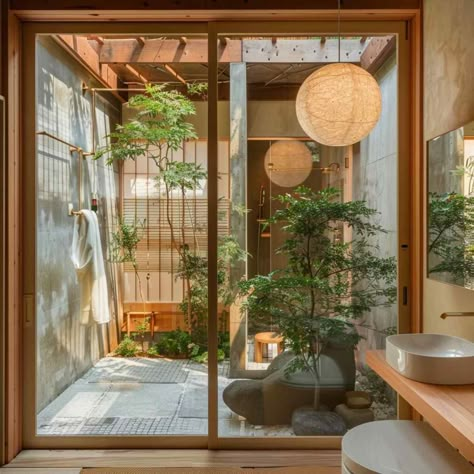 bathroom japandi midmod Japandi Interior Bathroom, Zen Garden Bathroom, Zen Bathroom Decor Ideas, Japandi Architecture, Japandi House Exterior, Japan Bathroom, Bathrooms 2024, Long Bathroom, Bathroom Architecture