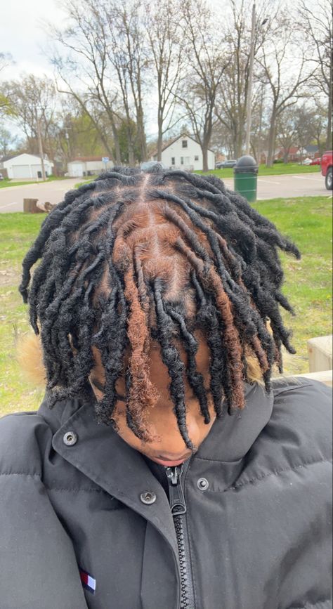 Colors To Dye Your Locs Men, Dreds Locs Men Dyed, Patch Dyed Locs, Black And Brown Dreads, Men Dyed Locs, Dreadlock Hairstyles For Men Short, Dread Colors, Hair Twist Curls, Dreadlock Ideas