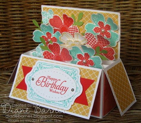 Stampin Up long pop up card in a box & template instructions by Di Barnes, with Flower Shop, Petite Petals & Chalk Talk stamps. #stampinup #... Box Cards Tutorial, 3d Templates, Exploding Box Card, Pop Up Box, Chalk Talk, Pop Up Box Cards, Fancy Fold Cards, Card Tutorial, Marianne Design