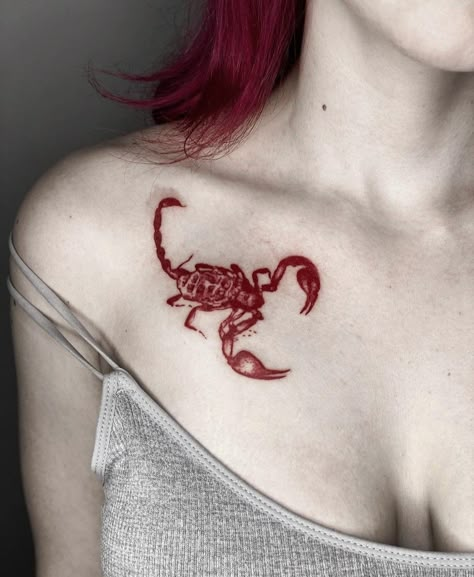 Two Scorpions Tattoo, Red Scorpion Tattoo, Scorpion Tattoo Design, Clavicle Tattoo, Goth Tattoo, Scorpio Tattoo, Scorpion Tattoo, Red Ink Tattoos, Red Tattoos